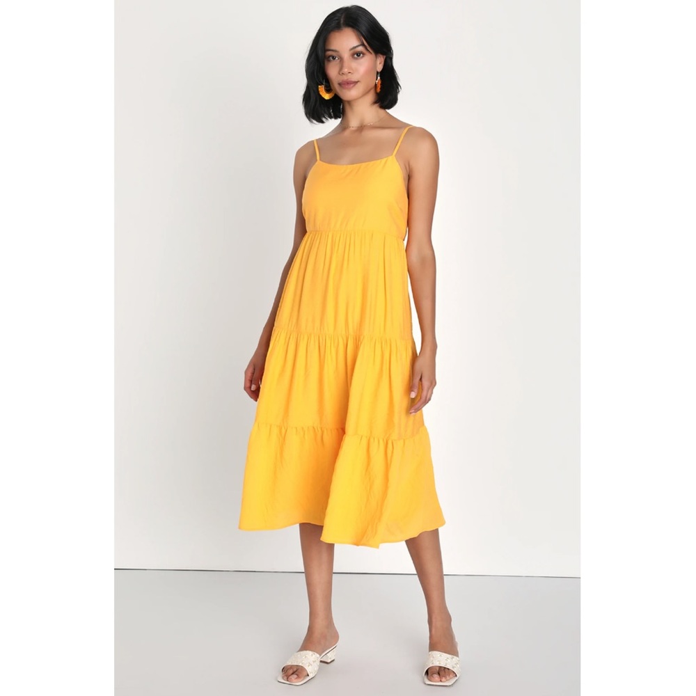 Lulu’s Sunshine on Me Golden Yellow Tiered Tie-Back Midi Dress ☀️